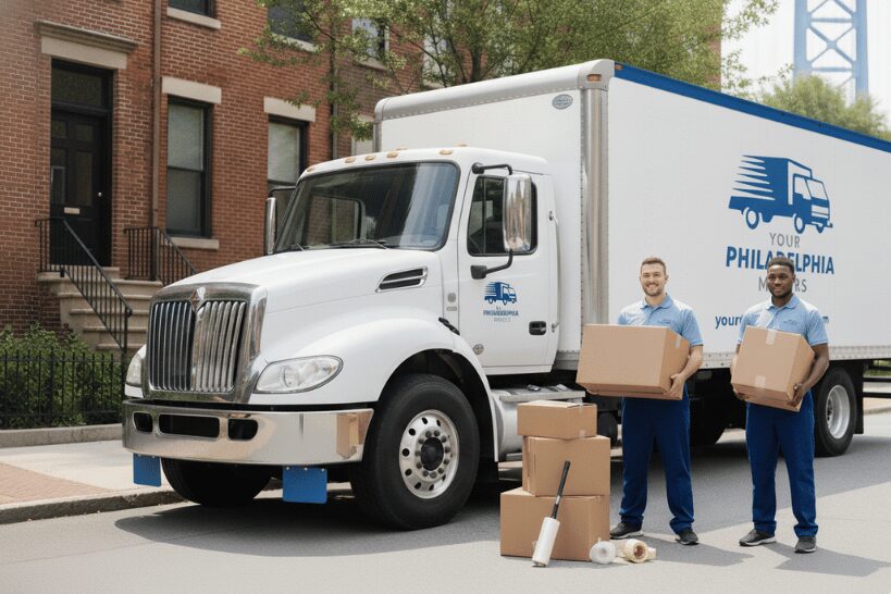 Two Your Philadelphia Movers professionals holding boxes and smiling in front of branded truck