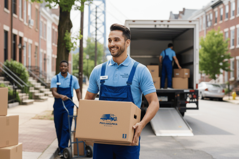 Three Your Philadelphia Movers professionals unloading boxes from truck and smiling