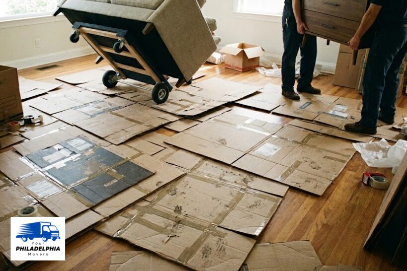 Cardboard floor protection rental used while moving furniture.