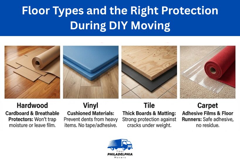 Floor types and ideal moving protection, cardboard, cushioned materials, thick boards, and floor runners.