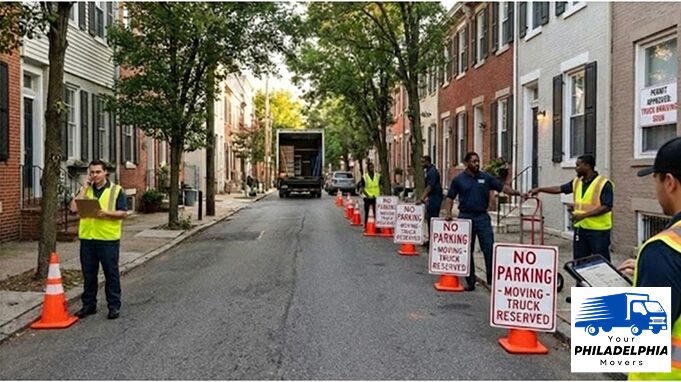Moving crew setting up a reserved parking area with cones and no parking signs.