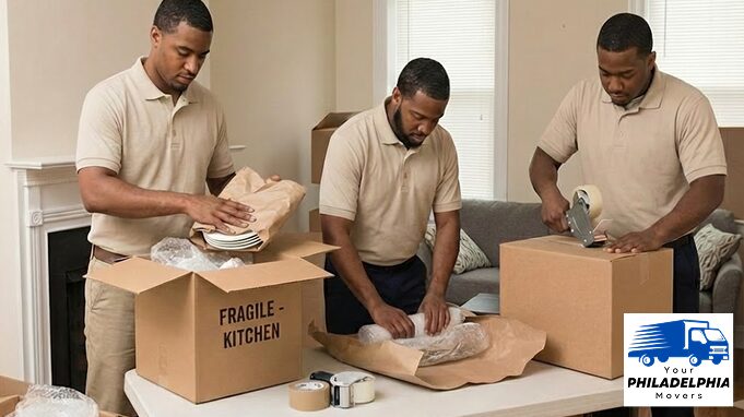 Three professional movers carefully packing household items.